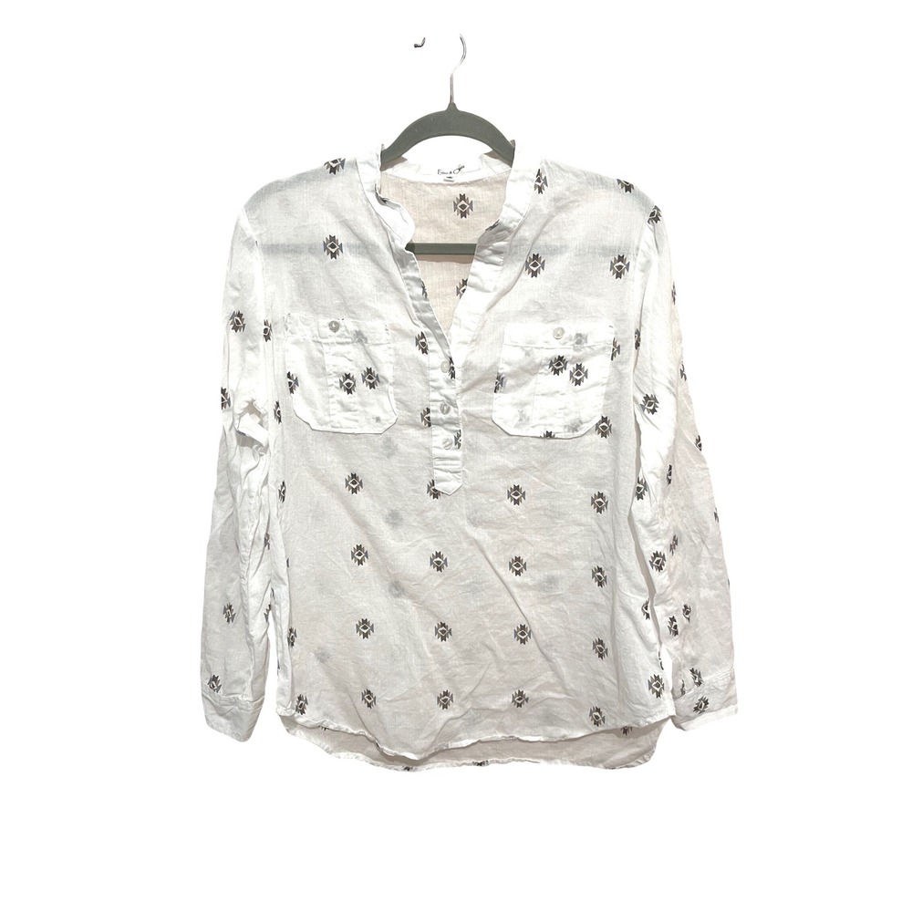Eden & Olivia White Southwestern‎ Print Semi-Sheer Cotton Gauze Blouse M-Boho